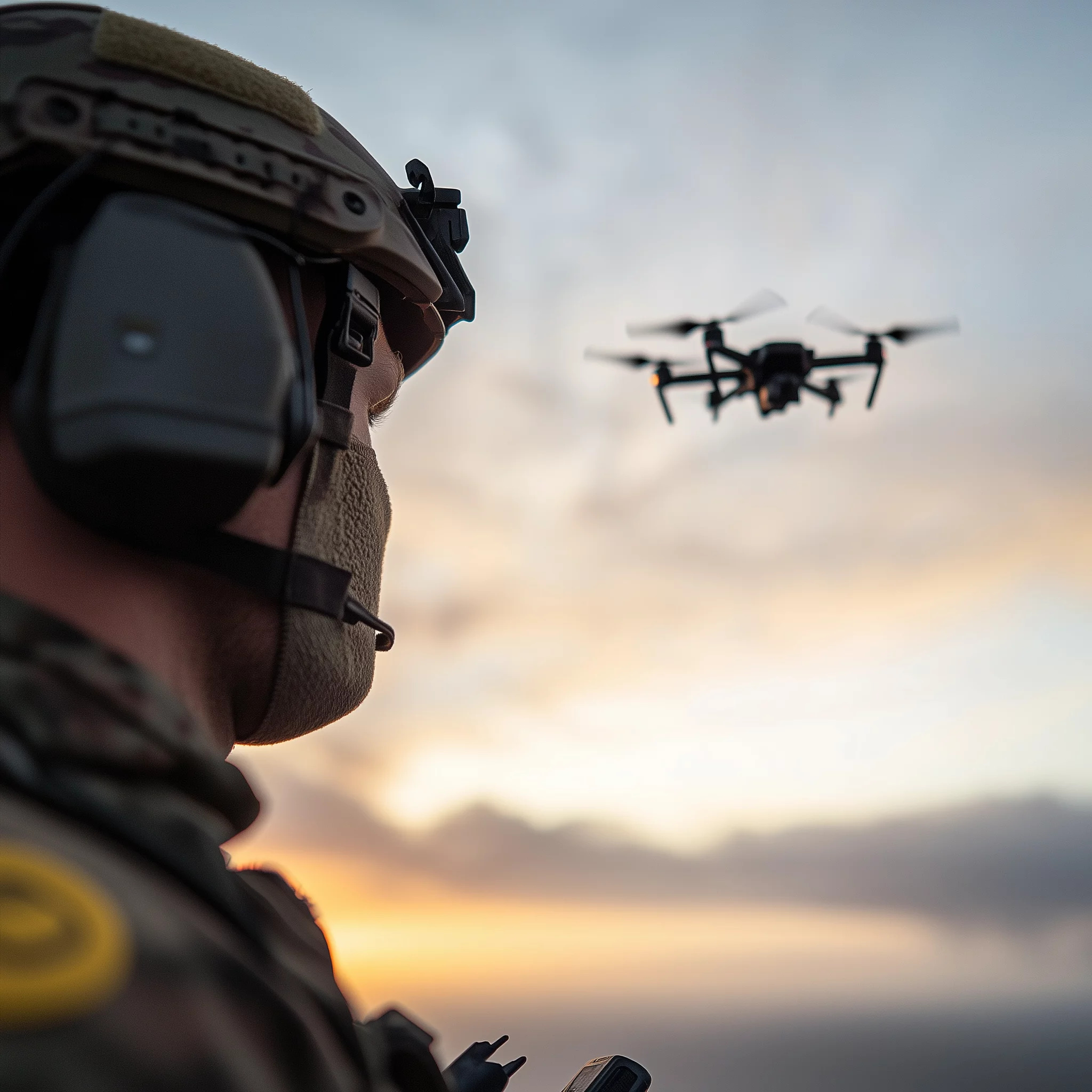 Military drones flying over a battlefield.